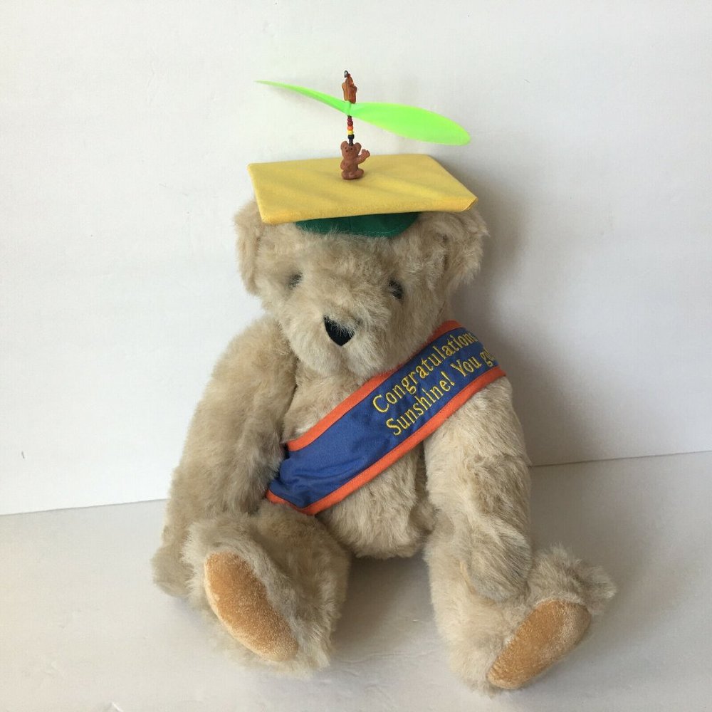 VTG Vermont Teddy Bear Beige Jointed Plush Stuffed Animal Graduation Gift 16''